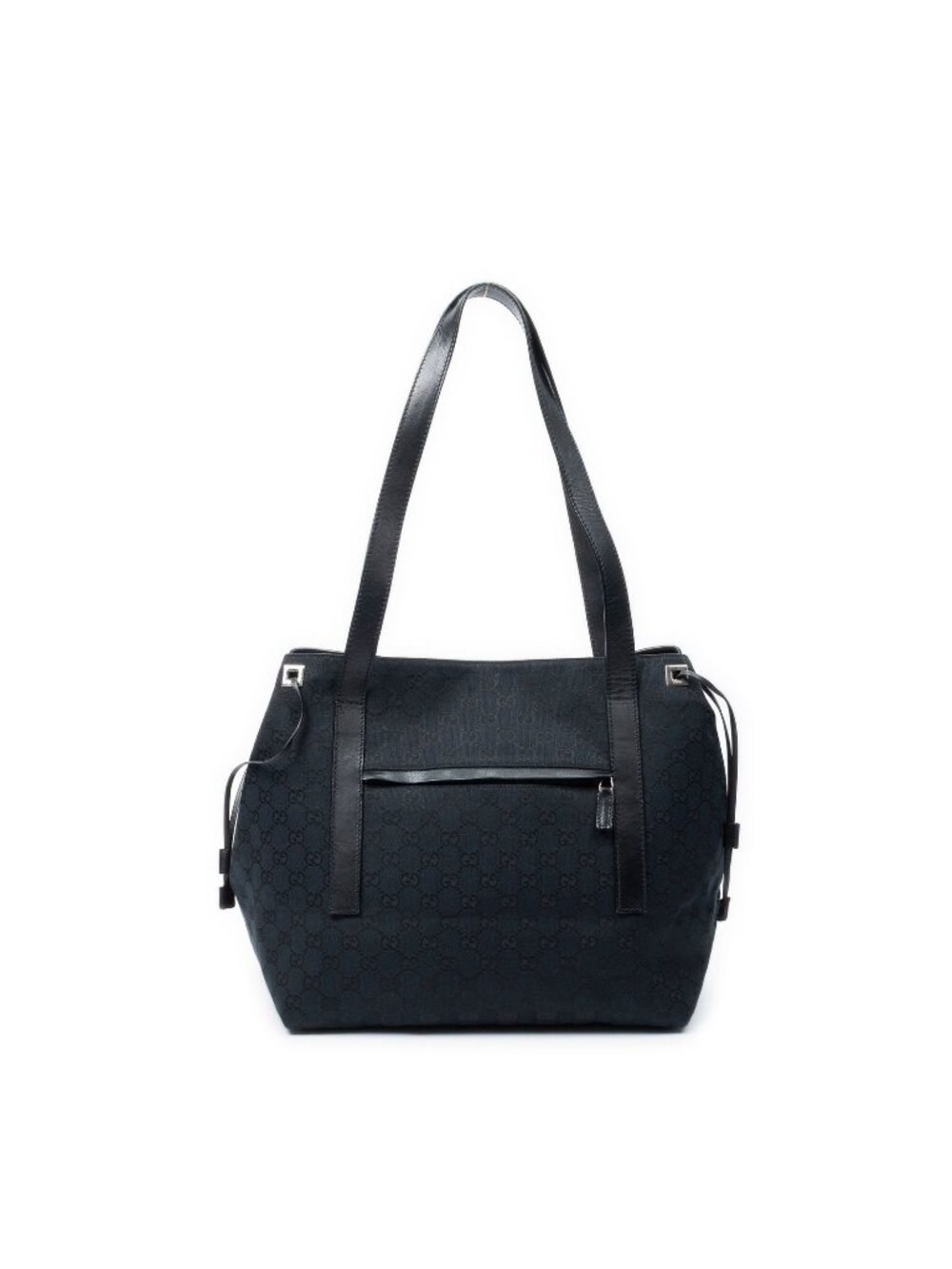 Gucci Side Drawstring Shopping Tote Bag Black GG Canvas
